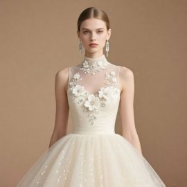 Stunning High - Neck Bridal Gown: Floral Embroidery & Glittering Tulle Skirt