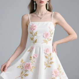 Elegant White Spaghetti Strap Dress with Pink Floral & Gold Embroidery - Summer Chic Style