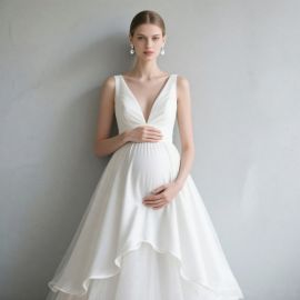 Elegant Maternity Wedding Dress: V-Neck Sleeveless Chiffon Gown with Layered Skirt