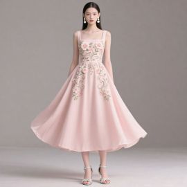 Elegant Pink Embroidered Midi Dress: Square Neck Sleeveless Floral Gown