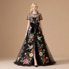 Elegant Black Mesh Evening Gown with Colorful Floral & Bird Embroidery & Big Bow