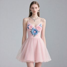 Elegant Pink Spaghetti Strap Dress: 3D Floral Embroidery & Tulle Skirt for Summer Parties