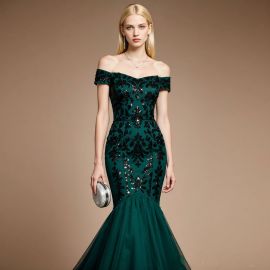 Emerald Green Off - Shoulder Sequined Mermaid Evening Gown