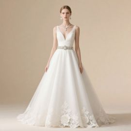 Stunning White Wedding Gown: Deep V-Neck, Lace Hem & Beaded Waistband