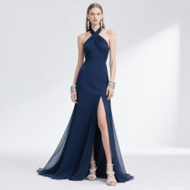 Elegant Navy Blue Halter Neck Gown with High Slit - Chic Evening Dress for Formal Events