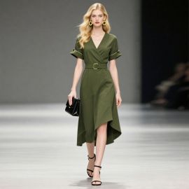 Olive Green V-Neck Belted Asymmetric Midi Dress - Chic Office & Party Wear