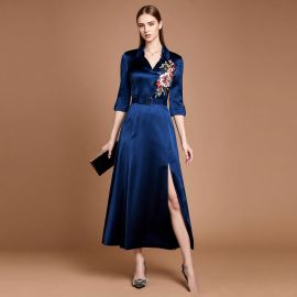 Elegant Navy Blue Satin Maxi Dress with Floral Embroidery, High Slit & Belted Waist