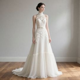 Elegant High-Neck Lace Wedding Dress - A-Line Tulle Skirt with Train