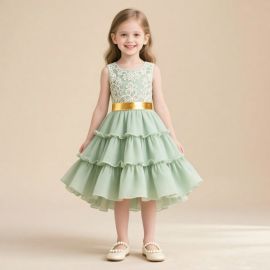 Mint Green Lace & Ruffled Skirt Girl's Party Dress with Gold Belt