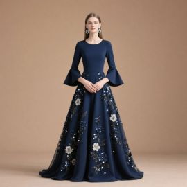 Navy Blue Evening Gown with Flared Sleeves & Floral Embroidery - Elegant Long Formal Dress