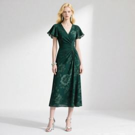 Emerald Green Floral Print Midi Dress: V-Neck Ruffled Sleeves & Waist Pleats - Elegant Women's Fashion