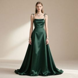 Emerald Green Satin Spaghetti Strap Ball Gown - Elegant Formal Evening Dress