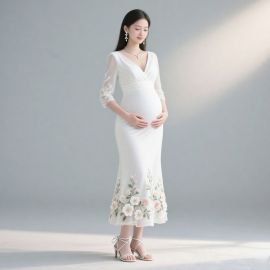 Elegant White Maternity Dress with Lace Sleeves & Floral Embroidery - Stylish Pregnancy Attire