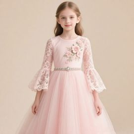 Girls Pink Lace Sleeve Floral Embroidered Tulle Party Dress - Kids Formal Gown