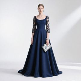 Navy Blue Long Evening Dress with Lace Sleeves - Elegant Formal Gown for Women