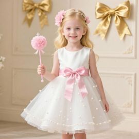 Girls White Dress with Pink Bow & Pearls - Kids Party Wedding Gown