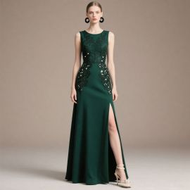Emerald Green Sleeveless Embroidered Sequined Slit Evening Gown - Elegant Formal Dress