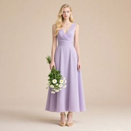 Lavender V-Neck A-Line Maxi Dress: Elegant Ruched Waist Formal Gown