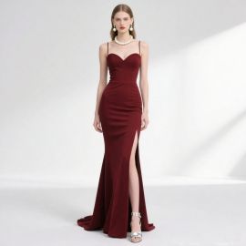 Elegant Burgundy Spaghetti Strap Mermaid Evening Gown with High Slit