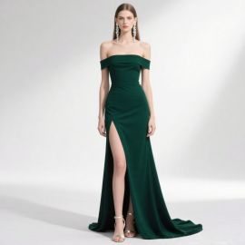 Elegant Emerald Green Off - Shoulder High Slit Evening Gown