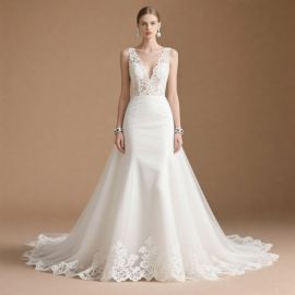 Stunning Deep V - Neck Lace Mermaid Wedding Dress with Train