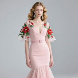 Elegant Pink Mermaid Dress with Floral Embroidery & Sheer Sleeves