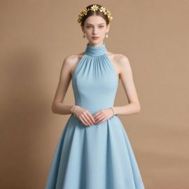Elegant Light Blue High - Neck Sleeveless A - Line Formal Dress