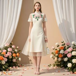 Elegant Cheongsam Dress with Floral Embroidery, Lace Sleeves & Tulle Skirt - Vintage-Inspired Midi Dress