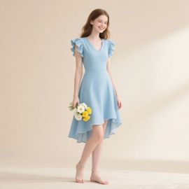 Light Blue V-Neck Ruffle Sleeve High-Low Hem Dress
