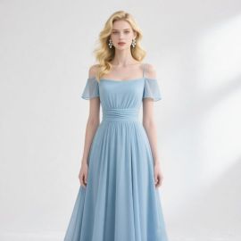 Elegant Light Blue Off - Shoulder Chiffon Maxi Dress for Weddings & Formal Events