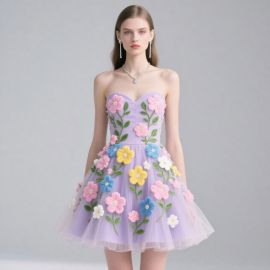 Lavender Strapless Short Dress with 3D Floral Embroidery - Chic Party Fashion
