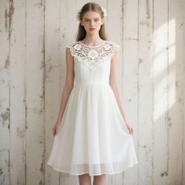 Elegant White Sleeveless Dress with Intricate Lace Neckline - Bridal Party & Formal Wear