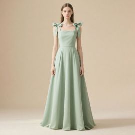 Sage Green Bow-Shoulder Elegant Maxi Dress - Chic & Timeless Design