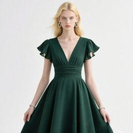 Deep Green V - Neck Ruffled Sleeve Cinched Waist A - Line Dress
