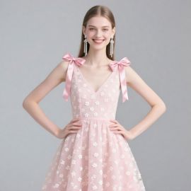 Elegant Pink Floral Lace Dress with Bow Straps - Party & Wedding Guest Outfit