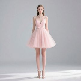 Romantic Pink Tulle Mini Dress with Pearl Belt - Elegant Spaghetti Strap Party Gown