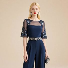 Elegant Navy Blue Jumpsuit: Lace & Sequin Embellished, Belted Design for Formal Occasions