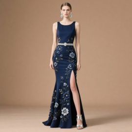 Elegant Navy Blue Long Mermaid Gown with Floral Embroidery & High Slit