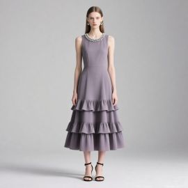 Sleeveless Lavender Dress with Tiered Ruffles & Embellished Neckline