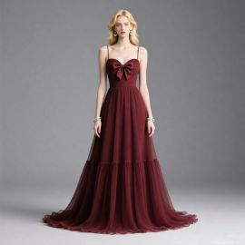 Elegant Burgundy Spaghetti Strap Gown with Bow & Tiered Skirt Design