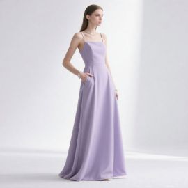 Lavender Spaghetti Strap Long Dress - Elegant Flowy A - line Gown with Pockets