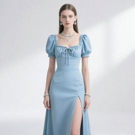 Light Blue Puff Sleeve Square Neck Bow Tie Fitted Maxi Dress with Slit