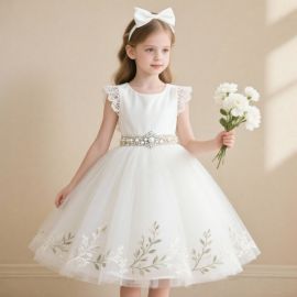 Elegant White Flower Girl Dress: Lace Sleeves, Pearl Belt, Embroidered Tulle Gown for Weddings/Parties