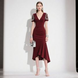 Burgundy V-Neck Short-Sleeve Asymmetrical Pearl-Embellished Midi Dress