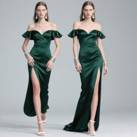 Emerald Green Off - Shoulder Ruffled Sleeve High Slit Satin Evening Gown - Elegant Formal Dress