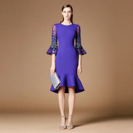 Women's Purple Elegant Dress with Embroidered Lace Bell Sleeves & Mermaid Hem - Chic Fashion Design
