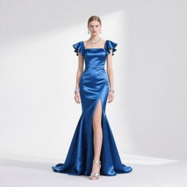 Elegant Royal Blue Satin Mermaid Evening Gown with Ruffled Cap Sleeves & High Thigh Slit