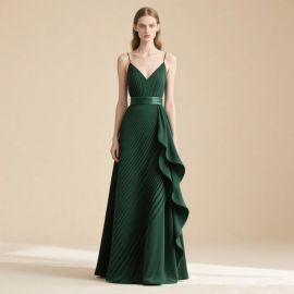 Emerald Green Spaghetti Strap V-Neck Pleated High-Low Evening Gown - Elegant Formal Dress