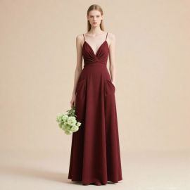 Elegant Burgundy Spaghetti Strap Wrap Front Pocket Maxi Dress