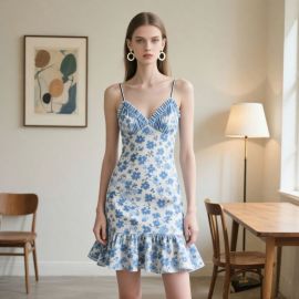 Blue & White Floral Print Spaghetti Strap Ruffled V - Neck Flared Hem Mini Dress
